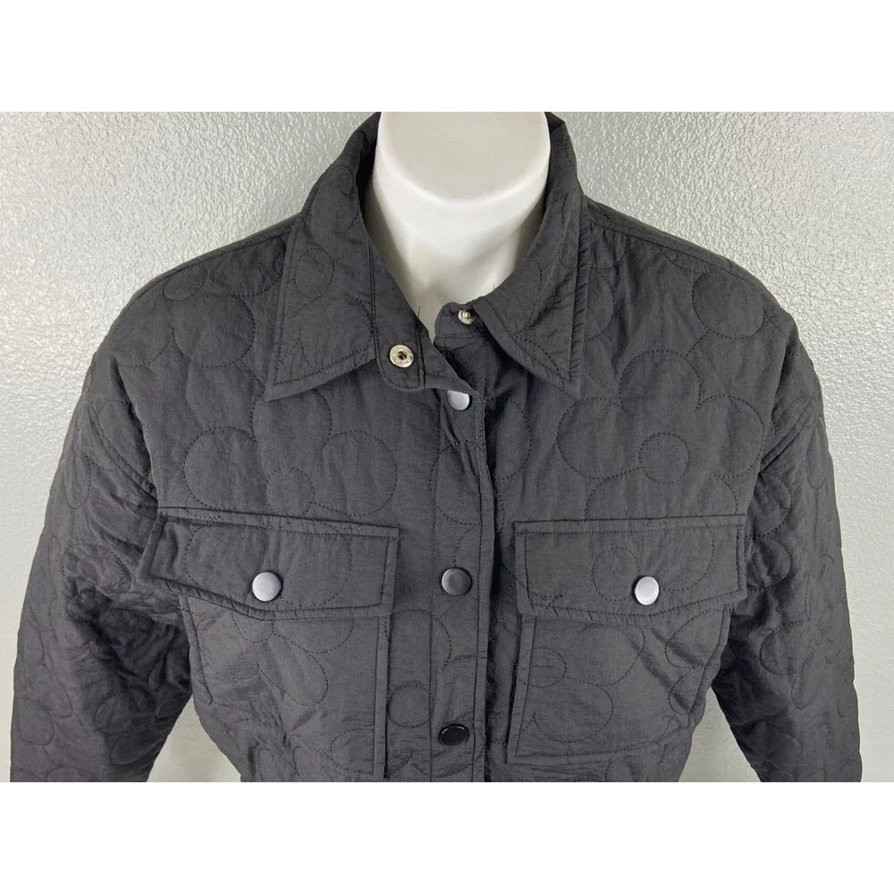 Entro Women Medium Black Jacket Metal Snap Flower Quilting Lightweight